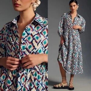 Anthropologie Maeve The Bettina Cotton Tiered Midi Shirt Dress Size XL